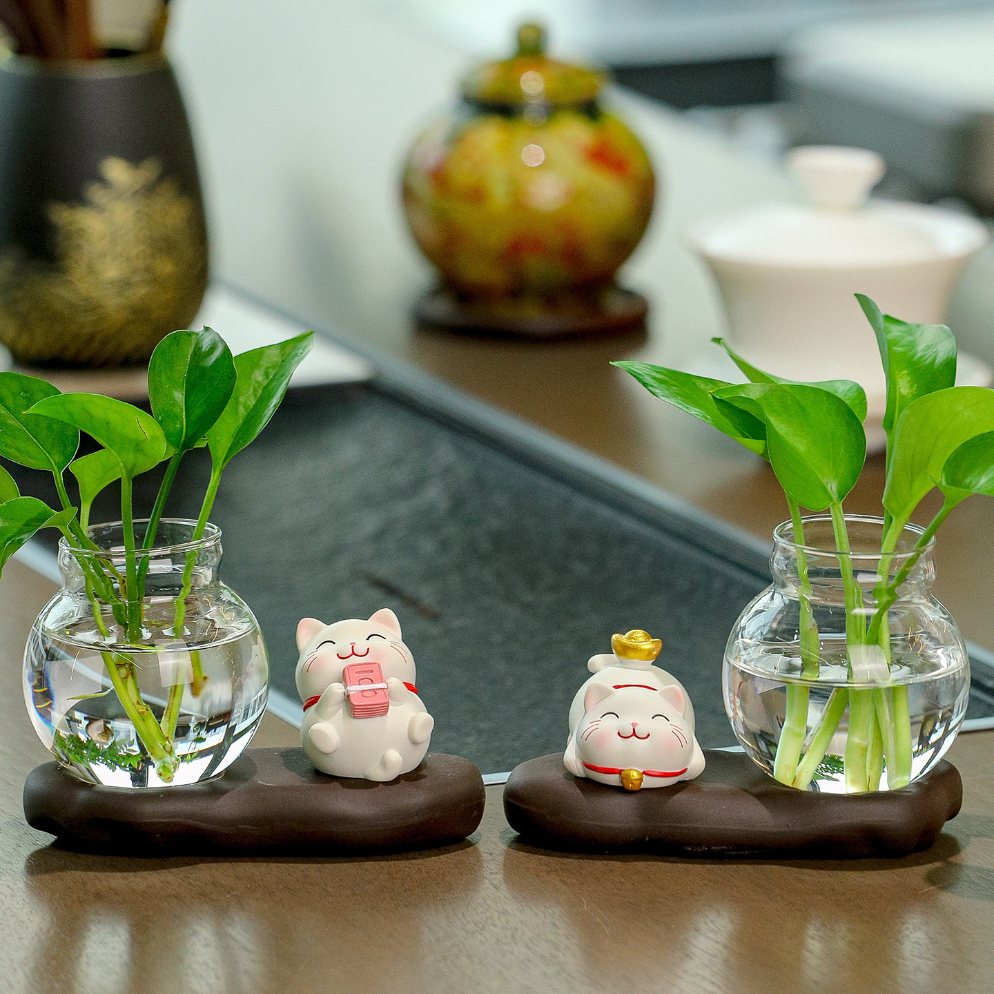 可爱有钱招财猫水培摆件家居桌面治愈系装饰品办公桌绿萝插花花瓶