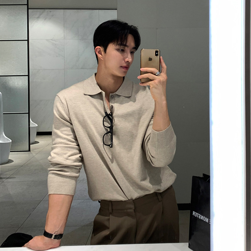 黑色半拉链翻领polo衫毛衣男士韩系cleanfit宽松休闲加厚针织外套