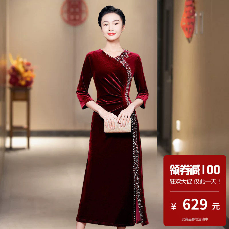 金丝绒旗袍式连衣裙改良日常可穿小个子遮肚子女高级感年轻款微胖