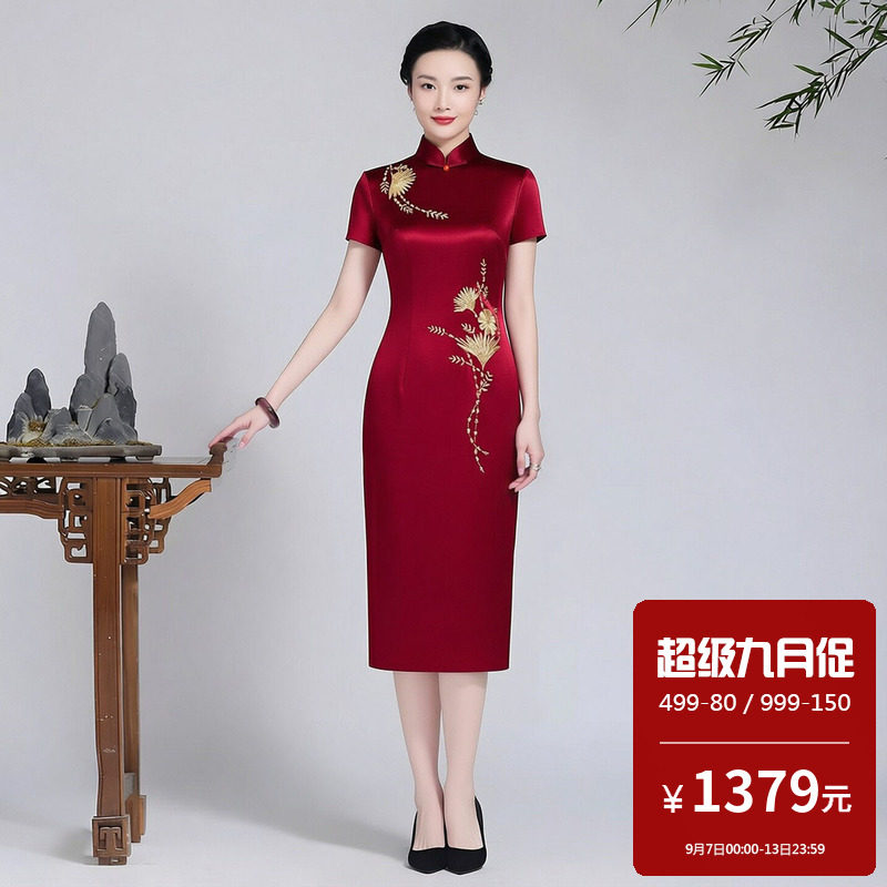 醋酸缎面旗袍中长款敬酒服新娘妈妈高端大气小个子适合参加婚礼的
