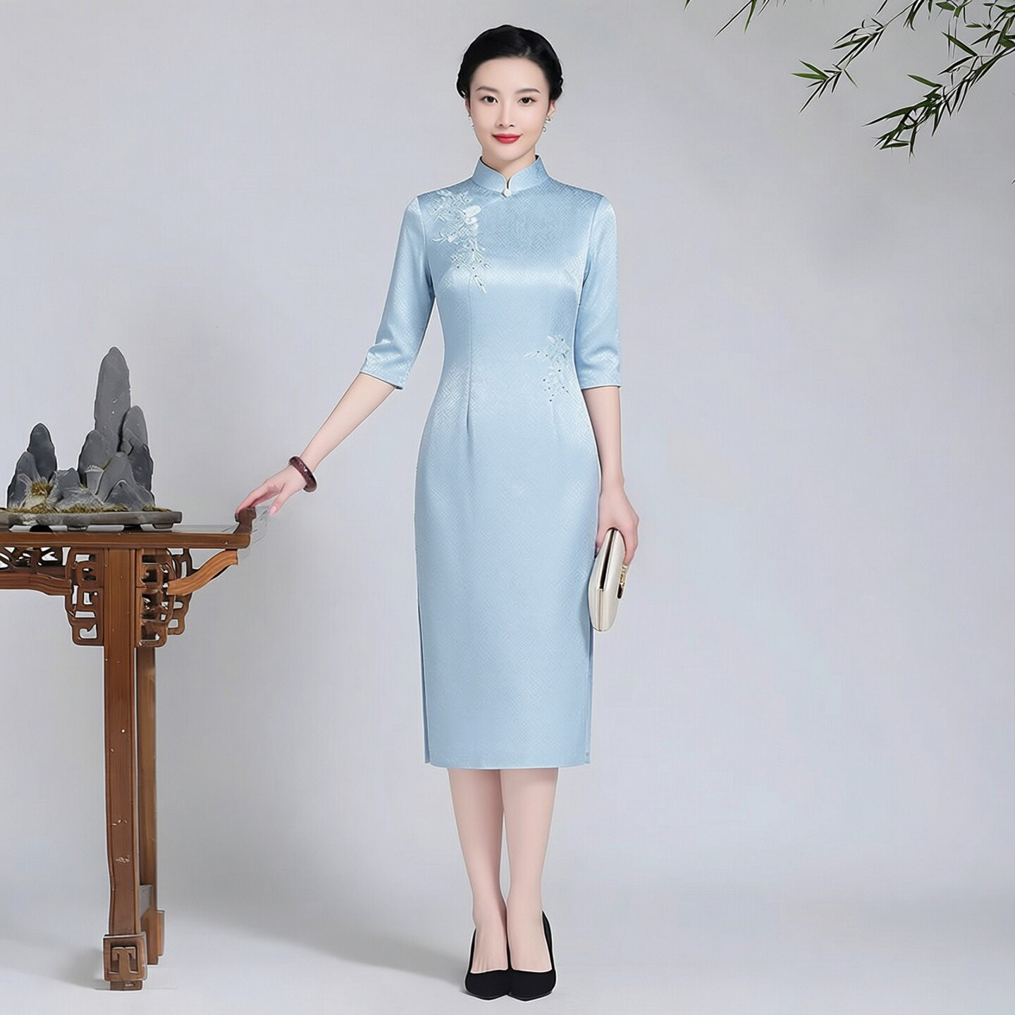 醋酸缎面旗袍短款女高级感小个子年轻款妈妈装婚礼服参加女儿结婚