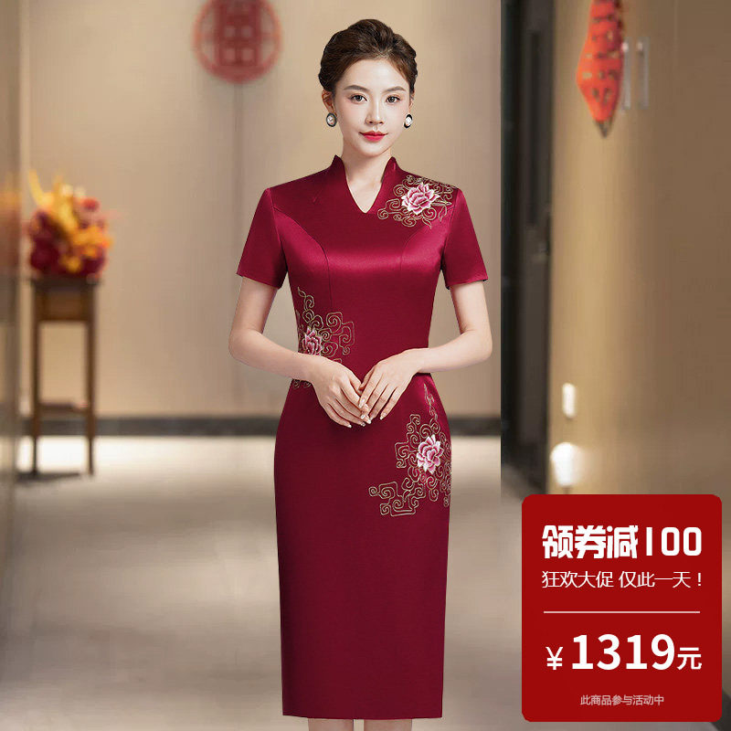 醋酸缎面旗袍中长款高端大气上档次中老年贵妇胖mm大码喜婆婆改良