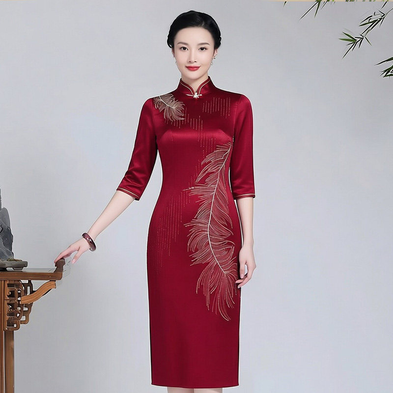 醋酸缎旗袍中款儿子结婚喜婆婆穿的衣服高贵妈妈装婚礼服参加女儿