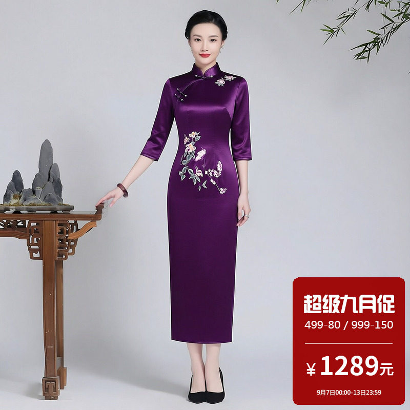 醋酸缎面旗袍长款七分袖中式改良连衣裙轻奢高级感大码胖mm年轻款