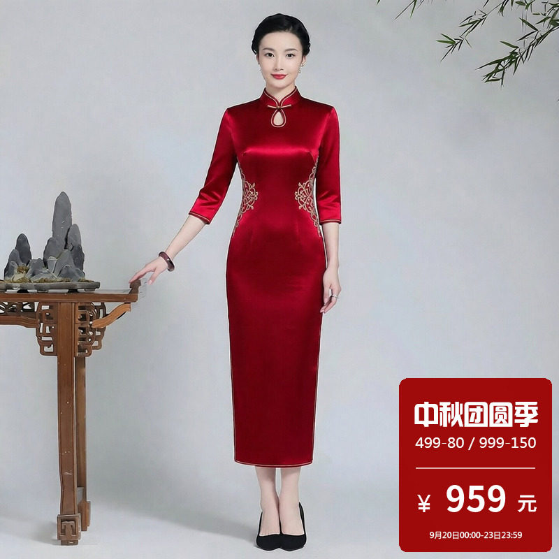 醋酸缎面旗袍长款七分袖滴水领婚宴妈妈装高贵小个子喜婆婆连衣裙