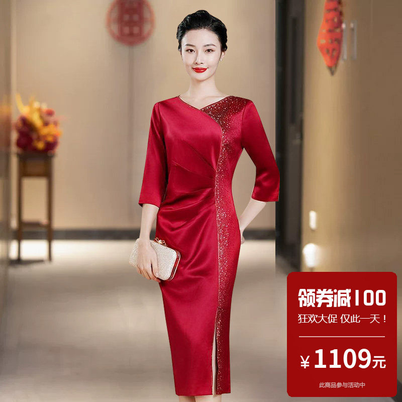 醋酸缎面旗袍连衣裙低领新中式国风轻奢高级感小个子女年轻款微胖