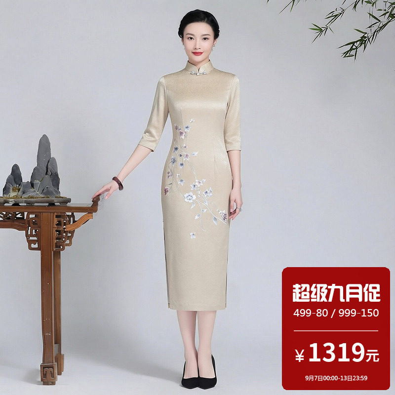 醋酸缎面旗袍中长款改良高端大气上档次婚礼敬酒服新娘妈妈装礼服