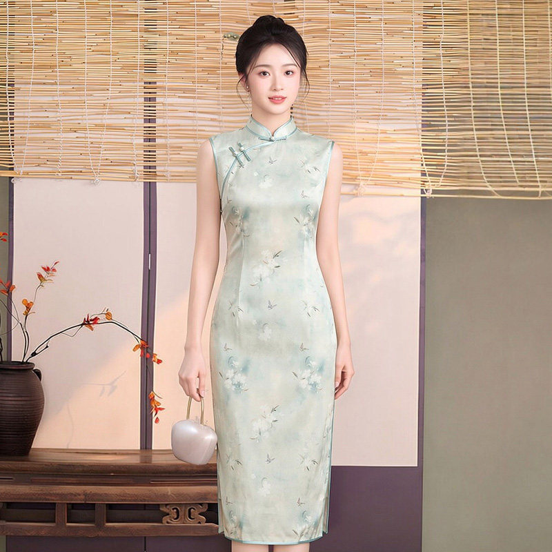 高档真丝桑蚕丝旗袍中长款无袖素雅日常可穿微胖女高级感2026新款