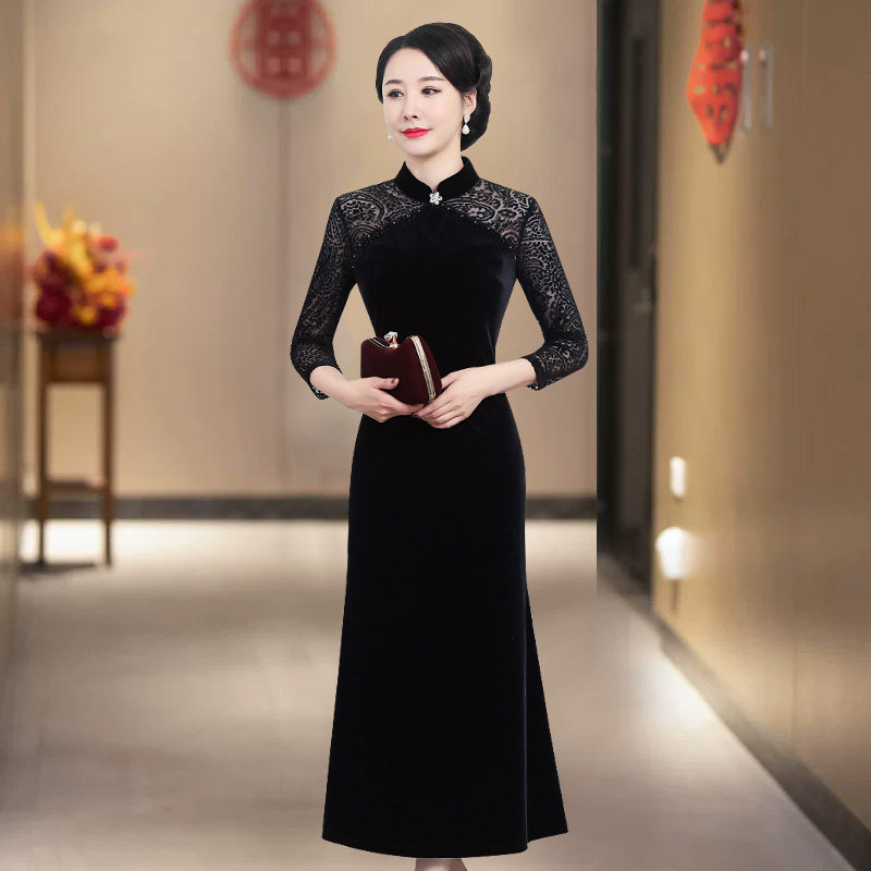 丝绒旗袍鱼尾裙改装连衣裙改版微胖高端大气上档次气质名媛晚礼服