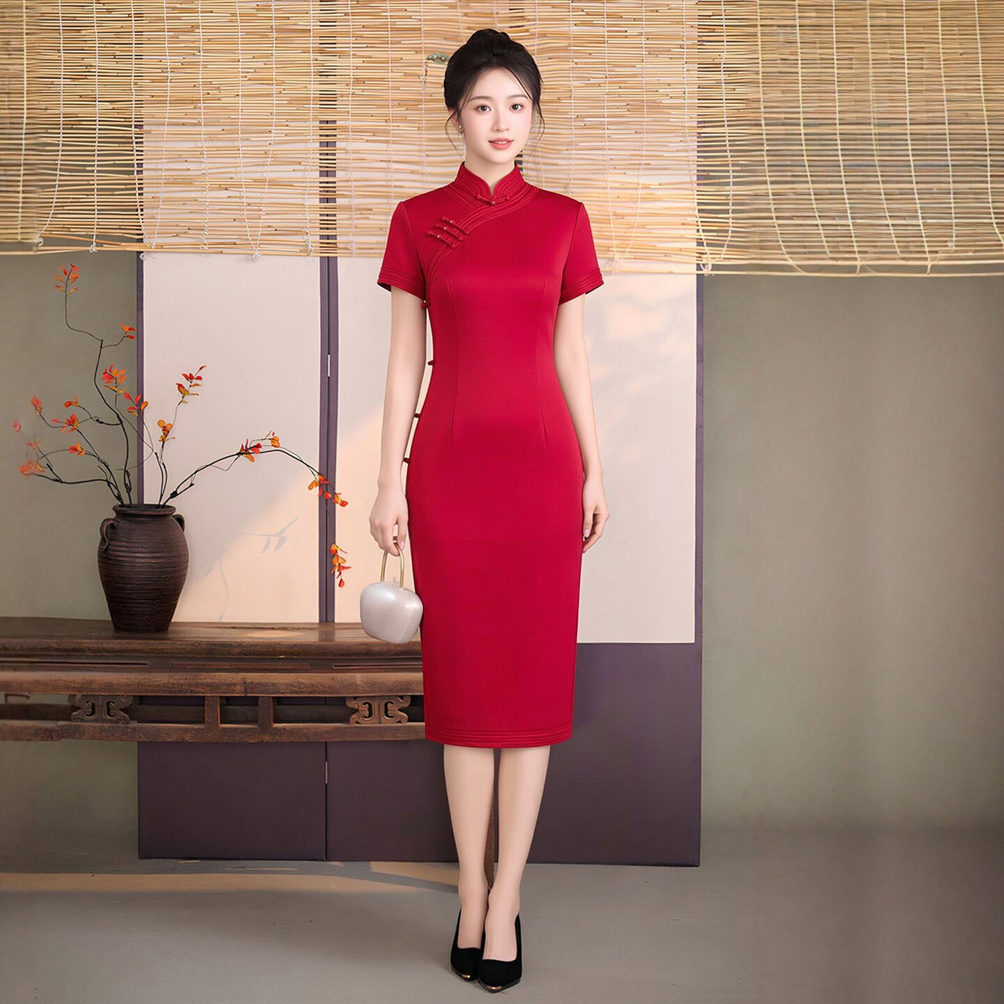 高端真丝桑蚕丝旗袍中款及膝婚礼宴会喜庆妈妈装高档奢华优雅纯色