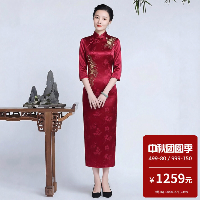 醋酸缎面旗袍长款七分袖大码妈妈婚宴装喜妈妈高端改良式中国风秋