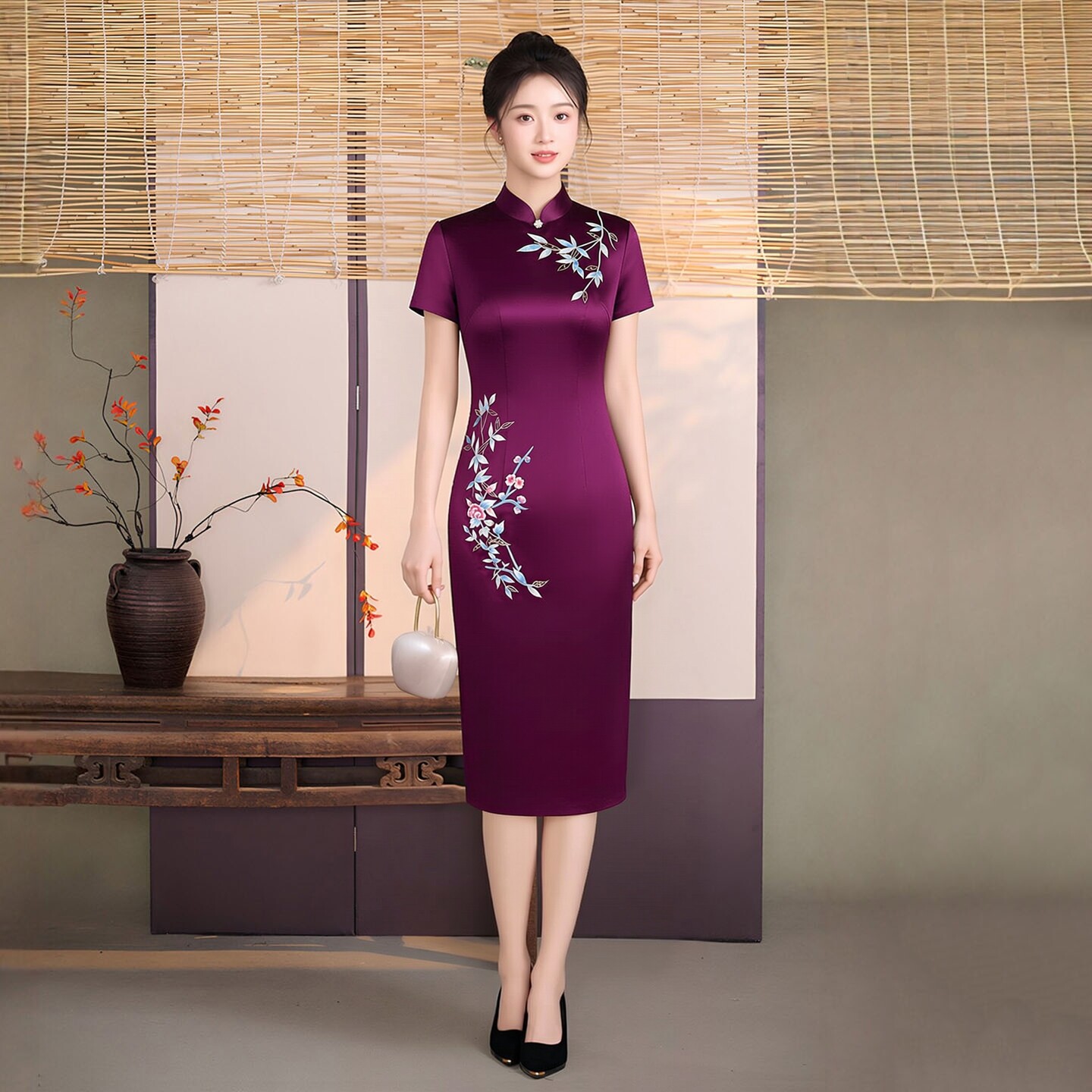 高端三醋酸缎面料旗袍中长款刺绣喜婆婆高端妈妈婚宴礼服高级改良