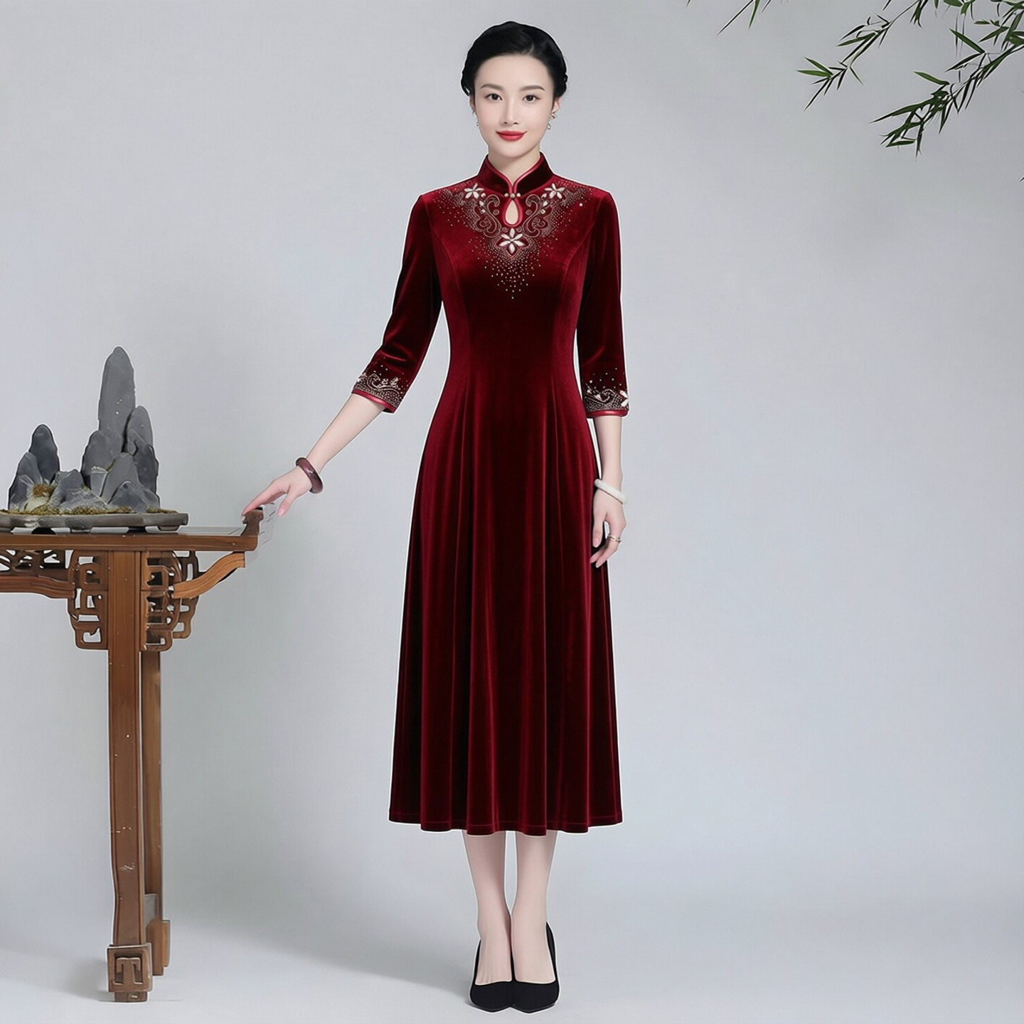 韩国绒旗袍连衣裙中长袖大摆裙结婚礼服妈妈轻奢高级高档奢华优雅