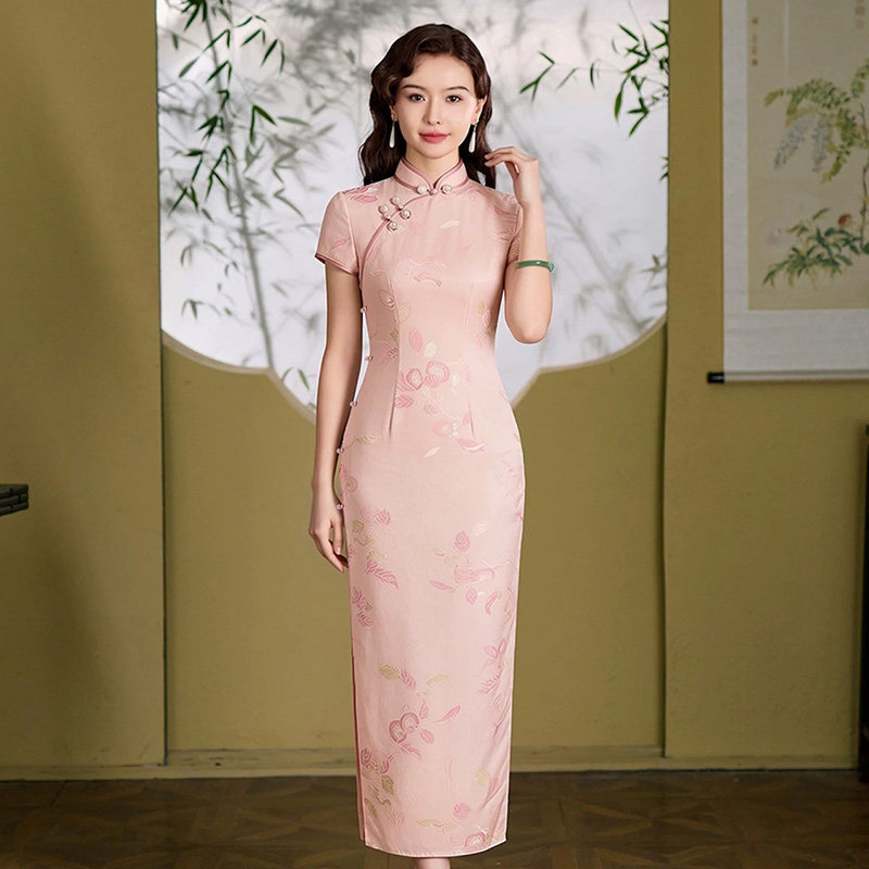 重磅真丝桑蚕丝旗袍长款短袖现代女改良时尚年轻款别致绝美高级感