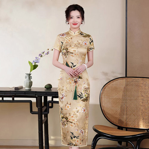重磅真丝桑蚕丝旗袍中长款素雅素色简约复古传统正宗手工高档优雅