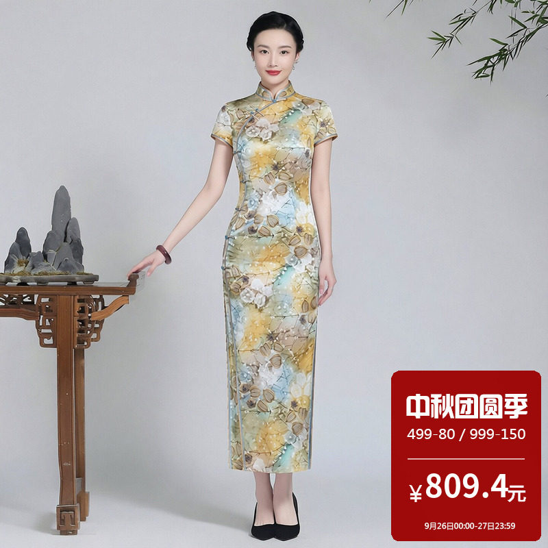 重磅真丝桑蚕丝旗袍长款走秀演出妈妈装复古传统高档手工盘扣中式