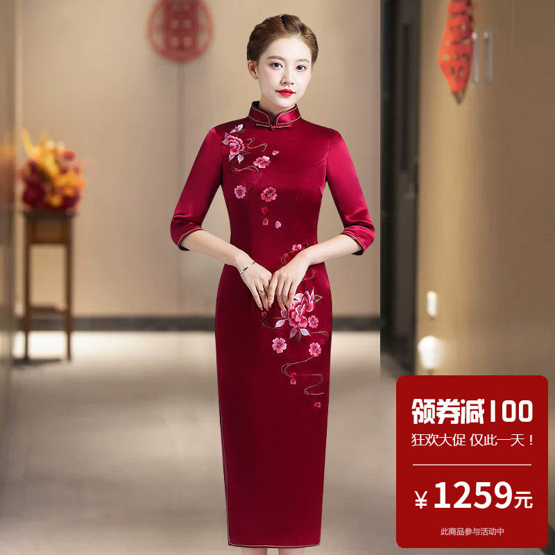 喜婆婆婚宴醋酸旗袍长款高端大气上档次婚礼妈妈晚礼服高贵洋气春