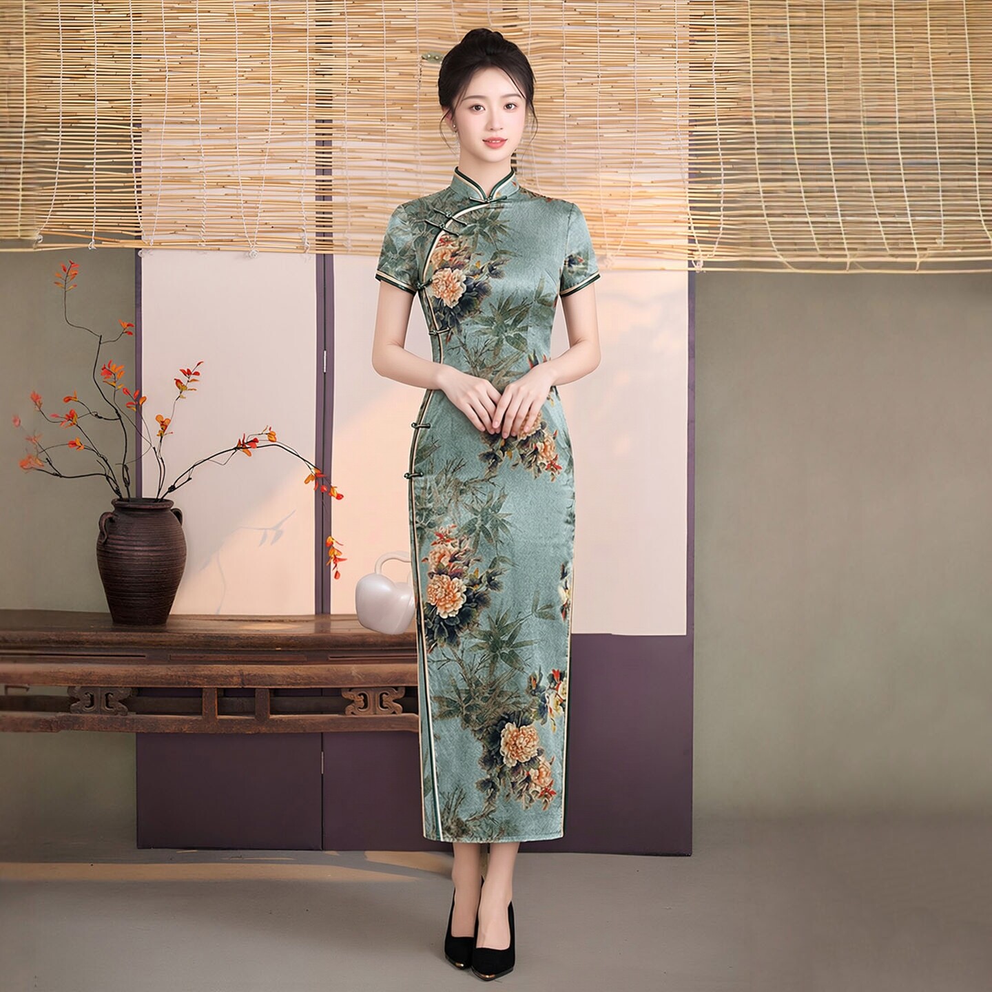 重磅真丝桑蚕丝旗袍长款绿底大花图案传统新中式礼服老上海中国风