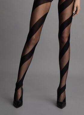 欧美小众Fiore Candy 20D摩登斜纹拼接时尚连裤袜绑带个性黑透明