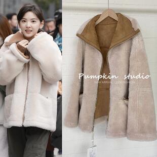 凡人歌 章若楠同款双面穿皮毛一体羊羔毛外套女秋冬新款宽松大衣