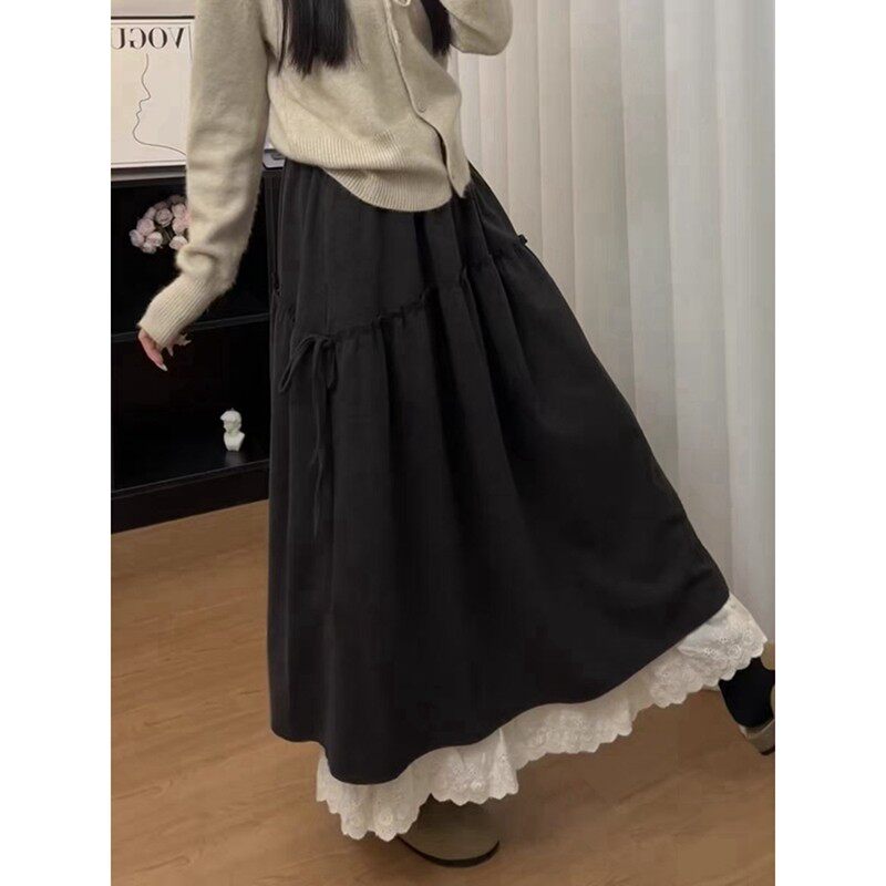 黑色毛呢半身裙女秋冬2026新款气质蕾丝花边a字裙伞裙超美中长裙