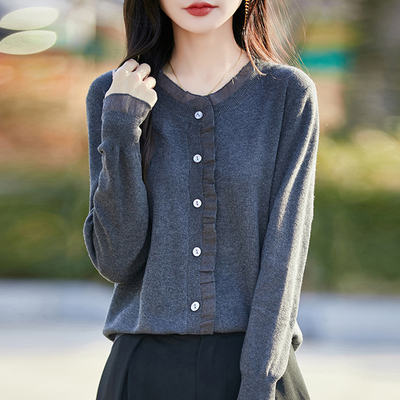 2025新款蕾丝针织开衫毛衣外套女春秋薄款大码短款打底衫洋气上衣