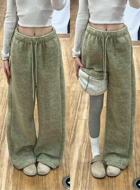 绿色阔腿裤女秋冬季新款高腰宽松显瘦小个子加绒毛绒休闲拖地裤子