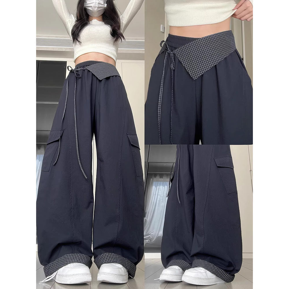 藏青色格子屁帘工装裤女春季2026新款宽松bf慵懒风高腰窄版弯刀裤