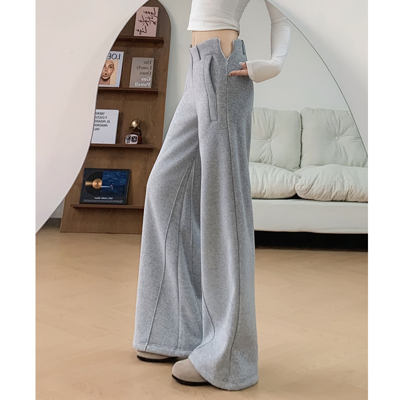 灰色美式微喇叭裤女秋冬2025新羊羔绒阔腿裤冬季高腰加绒加厚裤子