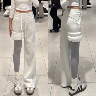 白灰色lulu卫裤女秋冬新款高腰显瘦直筒垂感休闲运动加绒阔腿裤子
