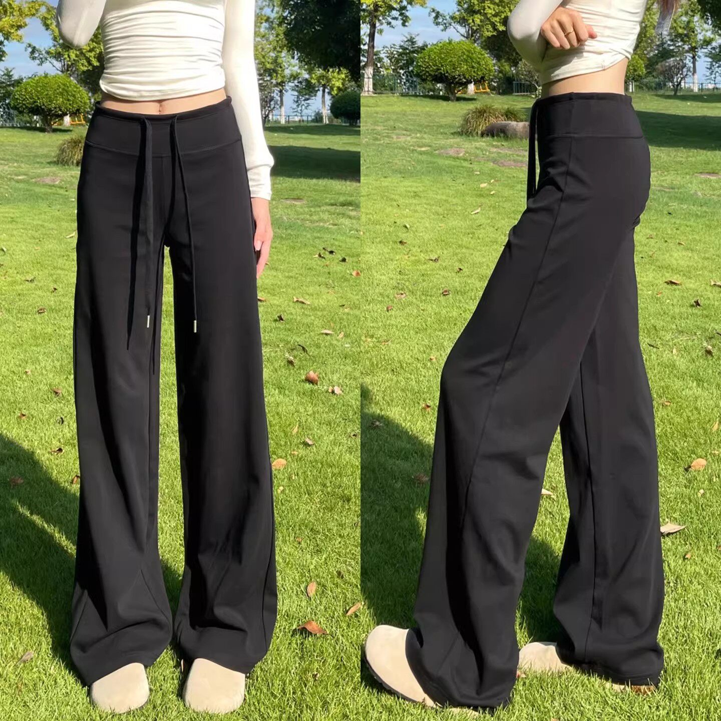 黑色加绒lulu卫裤女春秋冬新款高腰显瘦窄版直筒小个子运动阔腿裤