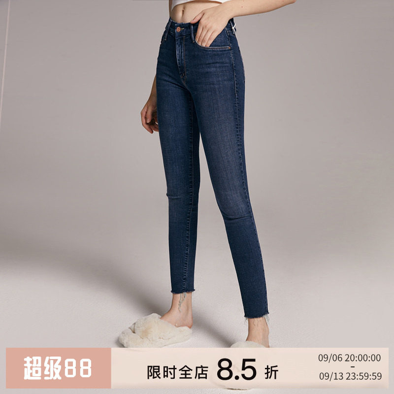 MOTHER深蓝中腰紧身裤女弹力柔软舒适显瘦毛边裤脚小脚裤长裤