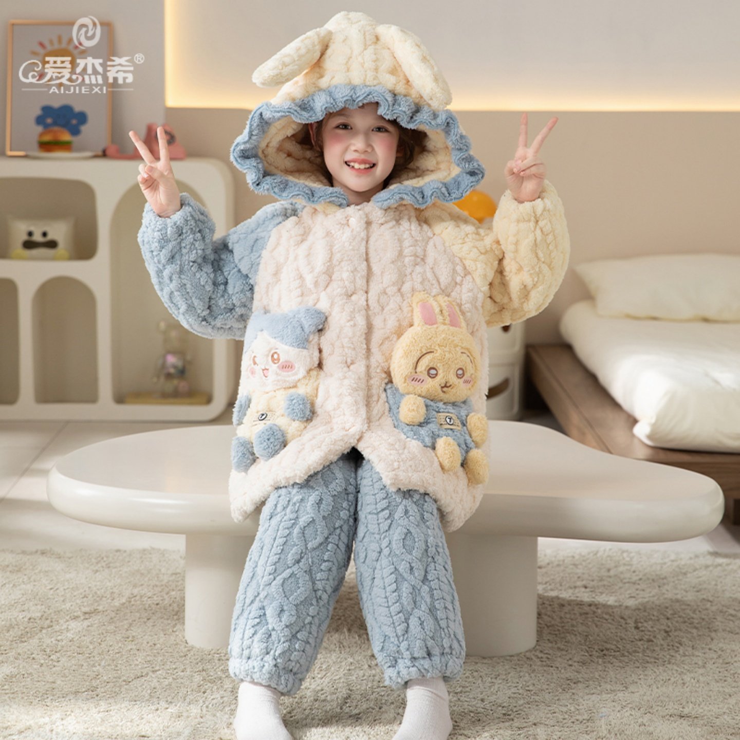儿童睡衣秋冬加厚保暖三层夹棉珊瑚绒女童装可外穿家居服母女套装