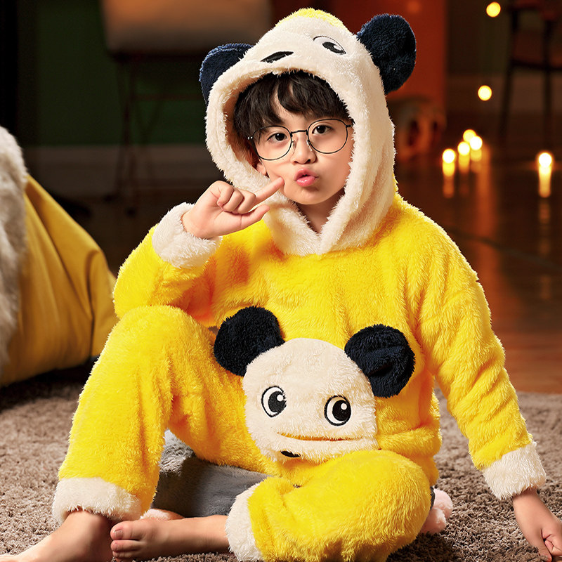 儿童睡衣冬季加厚加绒男童珊瑚绒中大童7岁8男孩秋冬款套头卡通12