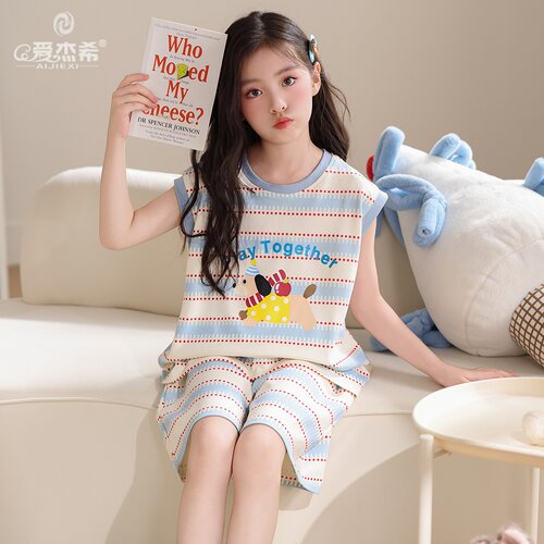女童夏季纯棉无袖可爱睡衣套装