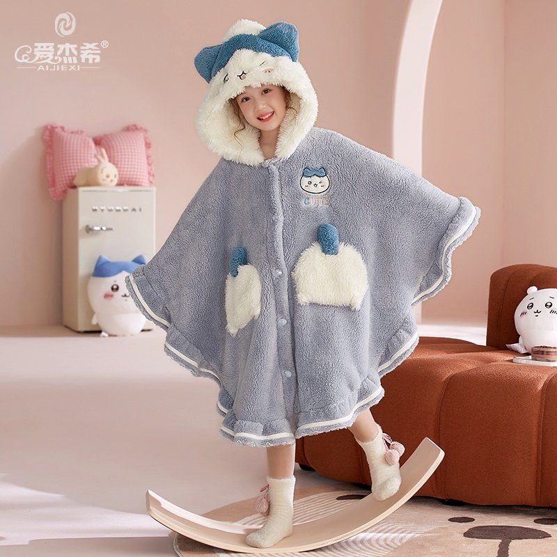 儿童珊瑚绒睡袍女童睡衣秋冬季加厚款斗篷连帽睡裙女孩法兰绒浴袍