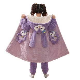 女童睡衣秋冬季珊瑚绒儿童女孩睡袍套装冬款加厚女宝宝中长款浴袍