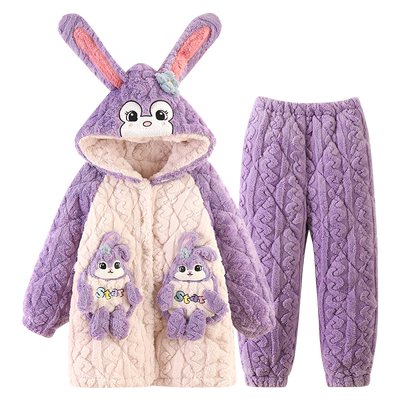 女童珊瑚绒睡衣三层夹棉睡袍套装