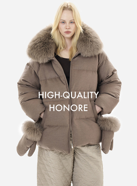 HONORE古月 重磅羊毛LP 真毛领自带手套 落肩长短款90鹅绒羽绒服