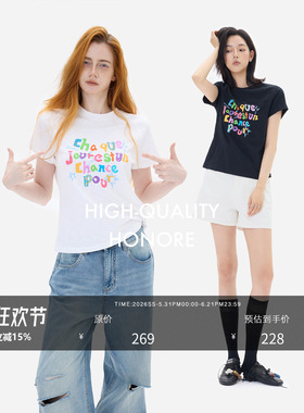 HONORE古月“设计师原创多巴胺”100%棉简洁彩色涂鸦字母短袖T