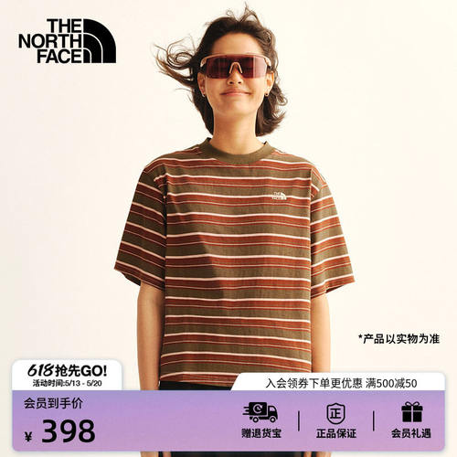 北面短袖T恤女纯棉复古条