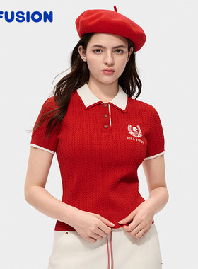 马上起飞 | 编织衫FILA FUSIONFila潮牌女2026春新年款红短袖上衣