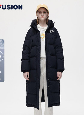 FILA FUSION斐乐潮牌女子长款羽绒服2022冬新款时尚连帽保暖上衣