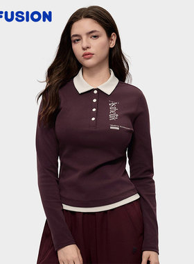 FILA FUSIONFila潮牌女红色长袖衫2026春新年款修身假两件POLO衫