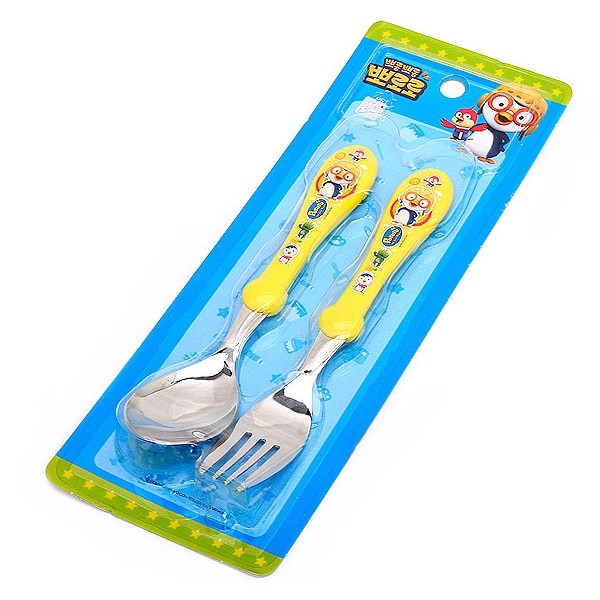 韩国进口PORORO小企鹅塑料手柄不锈钢勺叉子套装