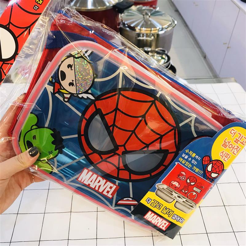 韩国进口MARVEL蜘蛛侠儿童卡通304不锈钢分五格加深餐盘饭盒包