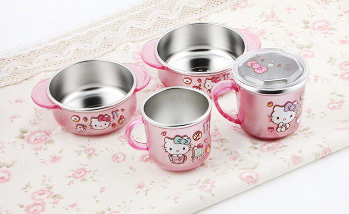 韩国进口 HelloKitty凯蒂猫不锈钢餐具 双耳碗 水杯盖杯 勺筷叉