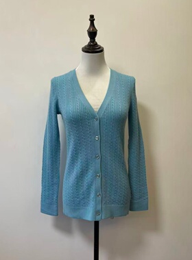 优雅 精纺美丽诺纯羊毛P*EN链条绞花 V领针织开衫女毛衣外套