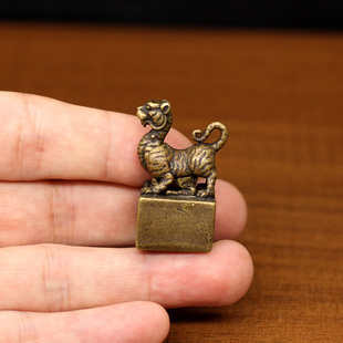 实心黄铜四灵白虎铜章子母铜印章方形迷你仿古小印章创意老虎摆件