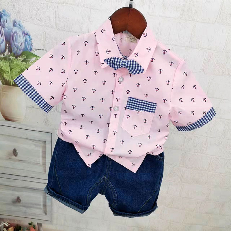 男童短袖纯棉印花衬衣中小童春夏薄款童装男孩衬衫牛仔短裤两件套